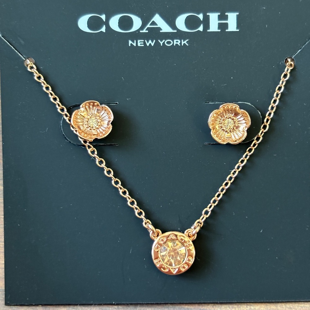 Coach Earring and Necklace set Rose Gold and CZ Inlay